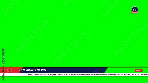 Breaking news lower third broadcast graphic animation overlay featuring a vibrant green screen background for professional television media production video