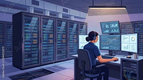 Data center monitoring engineer wearing headset operating computer systems in server room with rack cabinets and diagnostic screens displaying analytics and real time monitoring charts data.