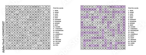 Word search puzzle for adults and children with hidden words  on the topic of Autumn