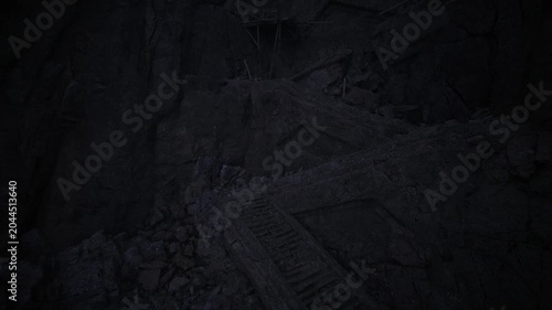 Cracked cliff face with vertical striations and mineral veins, deep fissures create dramatic shadows and raw tactile surface, ambient low light