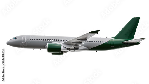 Photos Commercial airplane with gray fuselage and green accents on wings and tail