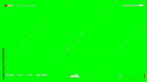 Digital camera viewfinder overlay with green screen background interface for professional cinema production and motion video editing software project work
