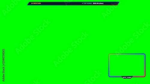 Dynamic green screen gaming overlay layout featuring professional streamer interface elements for high quality digital broadcast motion video production assets