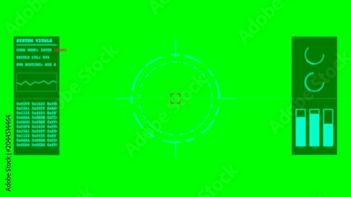 Futuristic digital heads up display interface featuring scanning radar crosshairs and scrolling system data metrics for cinematic motion video animation