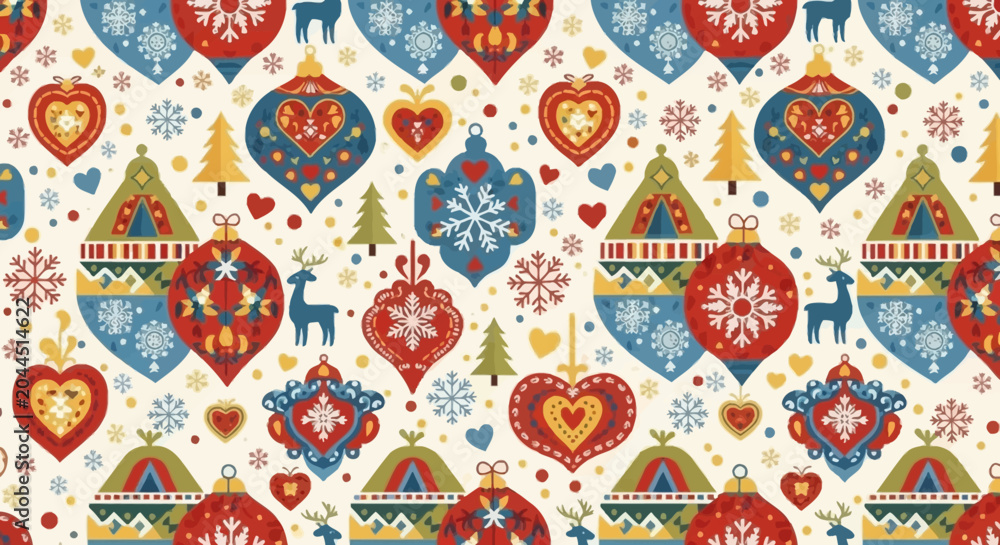 Naklejka premium Nordic Christmas Ornaments Pattern - Festive Holiday Seamless Background