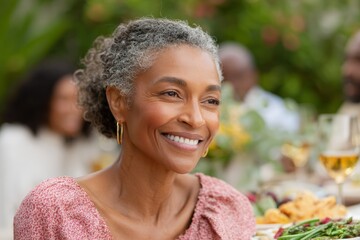 Smiling older woman at outdoor multigenerational family gathering for holiday celebration background and event banner design