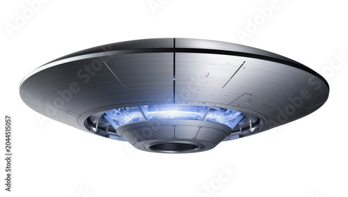 Photos Futuristic metallic flying saucer with glowing blue lights