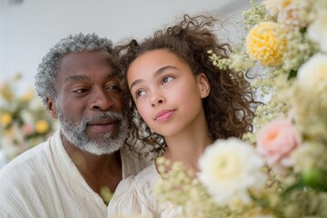 Older man and teenage girl sharing quiet juneteenth history moment among flowers for memorial poster and family banner