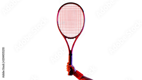 Foto Hand holding red tennis racket with orange wristband