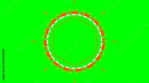 Hexagonal digital interface element with rotating bright orange segments and glowing white light accents in a high speed motion video