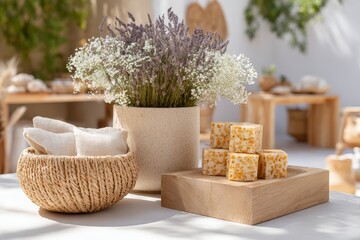 Juneteenth market stall with floral arrangements and handcrafted soaps for festival banner and lifestyle background design