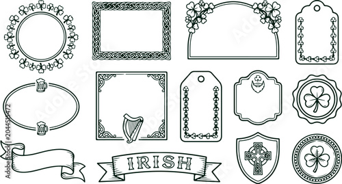 Collection of Irish themed decorative frames borders banners and emblems featuring shamrocks harps beer mugs and celtic knots.