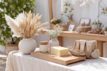 Natural skincare and handmade soap display with pampas grass and candles for juneteenth market stall background and lifestyle branding