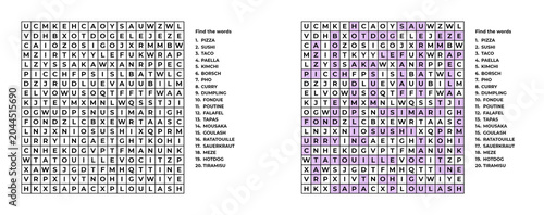 Word search puzzle for adults and children with 20 hidden words  on the topic of National Dishes