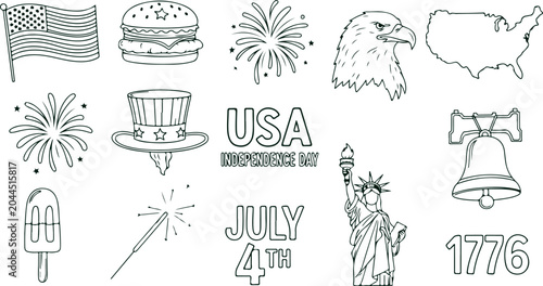 USA Independence Day celebration set with American flag burger fireworks eagle map hat USA July 4th Statue Liberty bell 1776 popsicle.