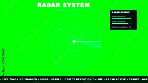 Radar system display showing circular scanning motion with green screen interface for military surveillance and tracking data animation video footage