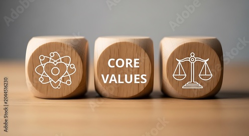 Core values wooden blocks with icons of heart and scales, business ethics and corporate culture concept, moral principles and integrity