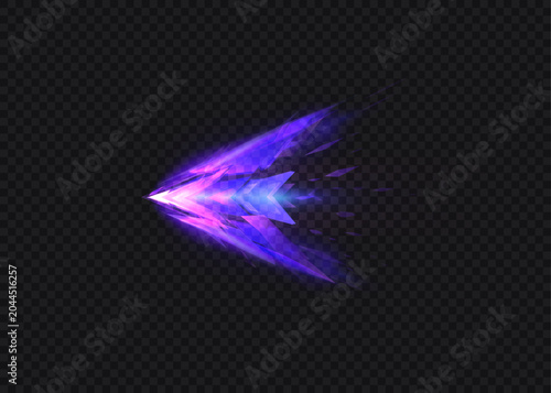 Glowing purple speed arrow with blue energy core and sharp motion trails on transparent background. Vector acceleration effect for game UI, racing graphics and dynamic overlays.