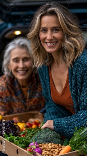 Two women are unloading a box of fresh vegetables from a car, providing a heart-warming backdrop to stories about volunteering, helping the elderly and healthy eating.