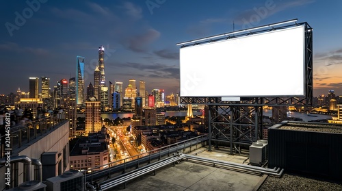 Blank Billboard Mockup on Rooftop with Vibrant City Skyline at Dusk