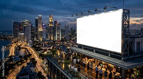 Blank Billboard Mockup on Rooftop Overlooking Vibrant Singapore Cityscape at Night