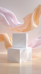 Marble cube podium with floating pastel ribbons inspired by juneteenth for elegant background and product display banner design