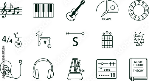 Fotografie Musical elements and instruments set including sheet music piano guitar octave meter and ear on transparent background