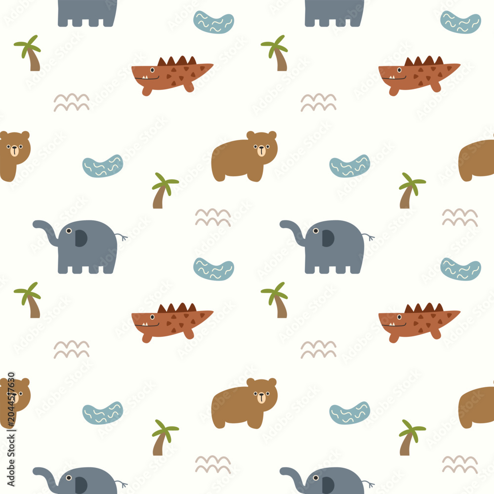 Obraz premium Animal in safari cartoon so cute. On crocodile elephant bear tree swamp background. Pattern seamless vector illustration. 