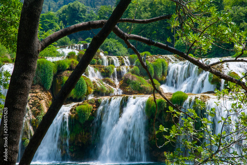 Krka National Park is of Croatia's natural treasures. Picturesque waterfall framed by tree branches, cascading through lush green moss-covered rocks, surrounded by dense forest and vibrant nature.