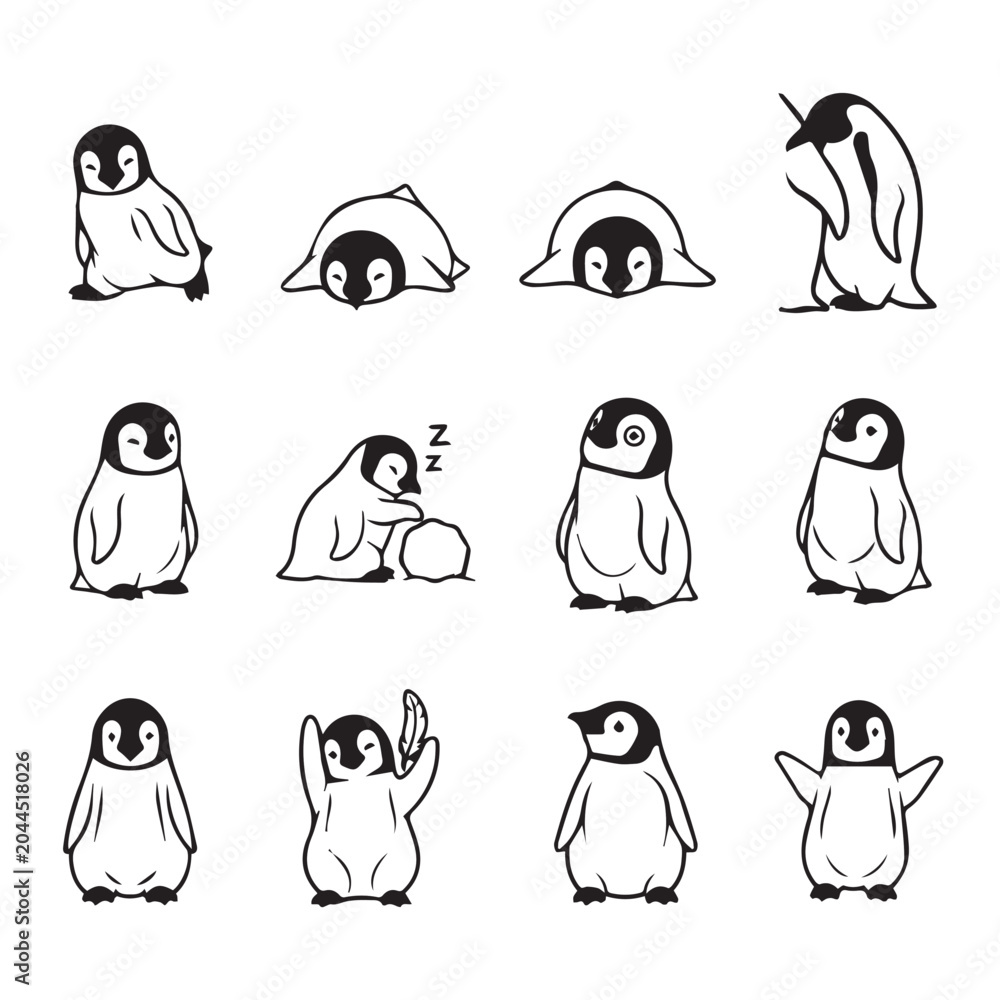 Obraz premium Adorable baby penguins in various playful poses against a clean white backdrop