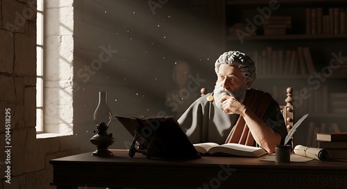 Man studying with laptop and books.
