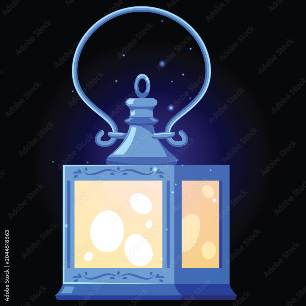 Obraz premium Vintage magic lantern with burning candle, vector cartoon antique hanging candle holder, fairytale lamp blue cube shape
