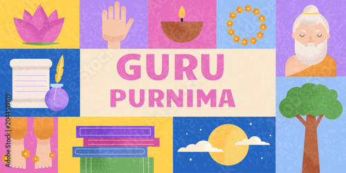 Fotografija Guru Purnima vector banner with spiritual symbols, sacred lamp, lotus, full moon, books and wise guru