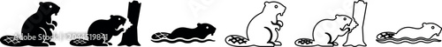 A set of playful beaver illustrations in black and white vector style, perfect for nature-themed designs and educational materials