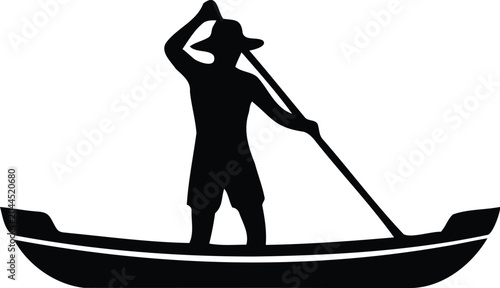 Bilde på lerret Traditional man standing in a boat using a long pole for river transportation tr