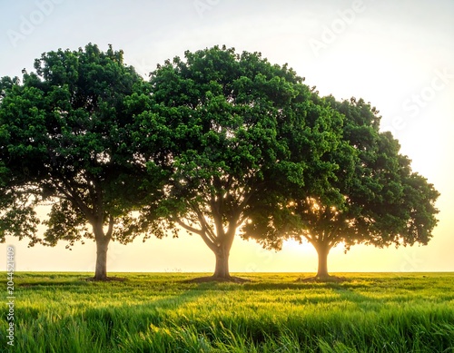 Three large trees with lush green leaves standing in a row on a grassy field during sunset