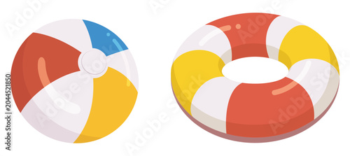 Summer Pool Float and Beach Ball Red Yellow Blue and White Panels Inflatable Swim Toys - Isolated Vintage Style Summer Holiday Design Elements