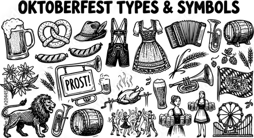 Canvastavla Oktoberfest Symbols and Types - Black and White Line Art Illustration of Bavaria