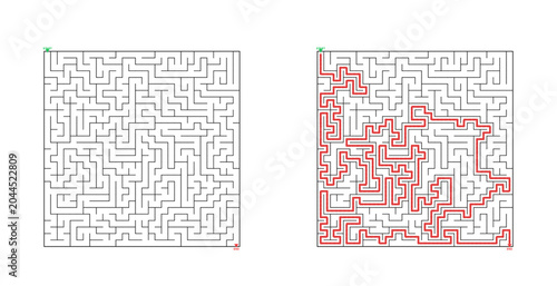 Maze puzzle template with pathways in black and red outlines  