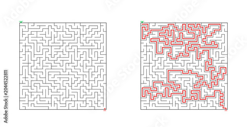 Maze puzzle with solution lines in red and clear layout design  