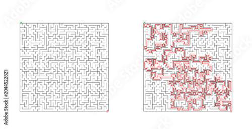 Maze puzzles in black outlines with red solution path highlighted  