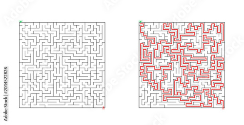 Maze illustration with black outline and solved path in red  