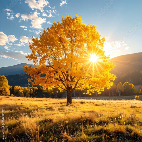 A tree with yellow leaves stands alone in a field
