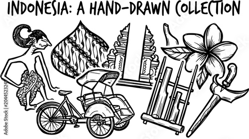 Foto Indonesia Hand-Drawn Collection of Cultural Symbols and Travel Icons