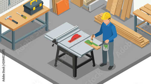 Carpenter painting wood at table saw in workshop, isometric view