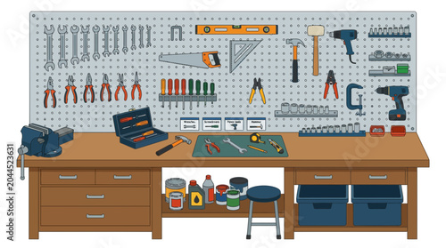 Workshop Workbench with Tools and Supplies