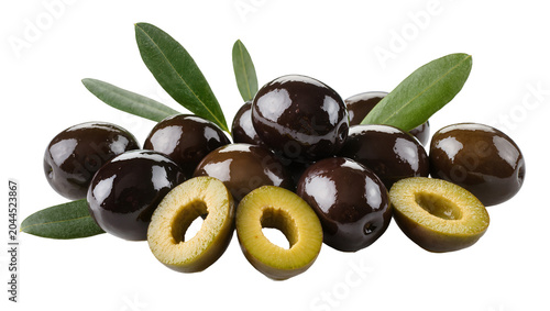 Tableau sur toile Dark ripe olives with green leaves and sliced halves