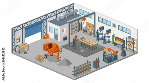 Isometric Workshop With Workers and Machinery
