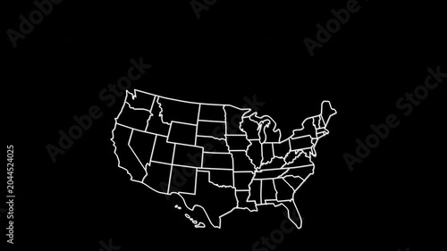 USA Map Self Drawing Animation, Fast Outline of States, Line Art. White line on black background.	
