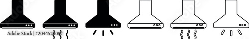 A set of kitchen hood icons in black and white minimalist vector style, suitable for home improvement projects and kitchen design.